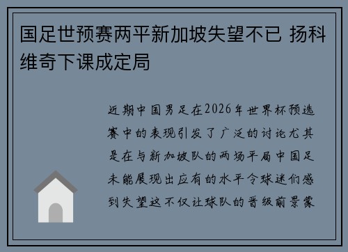 国足世预赛两平新加坡失望不已 扬科维奇下课成定局 国足世预赛两平新加坡失望不已 扬科维奇下课成定局