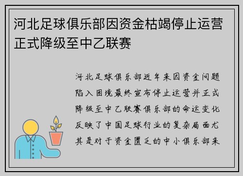 河北足球俱乐部因资金枯竭停止运营正式降级至中乙联赛